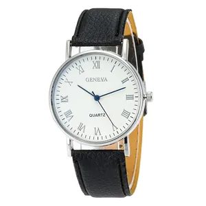 Geneva classic men's quartz watch with blue Roman numerals and black leather strap