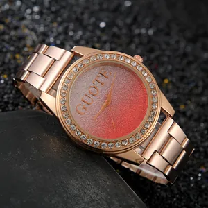 Montre à quartz pour femme en or rose avec cadran dégradé et lunette en strass chic