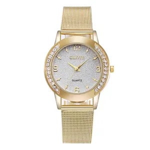 Damen-Quarzuhr mit goldenem Netzarmband, glitzerndem Zifferblatt und Strass-Lünette
