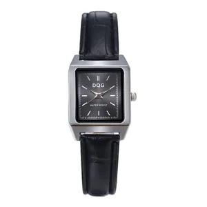 Elegante eckige Damenquarzuhr mit schwarzem Krokodillederarmband und silbernem Gehäuse