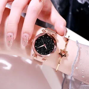 Elegantes Set aus roségoldener Sternenhimmel-Uhr mit Mesh-Armband und schwarzem Zifferblatt
