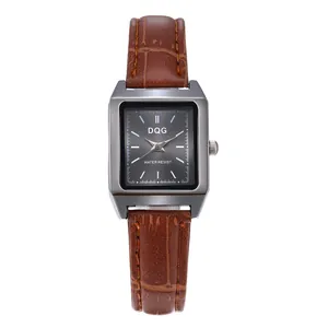Vintage Damen-Quarzuhr mit quadratischem Silbergehäuse und braunem Lederarmband