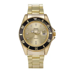 Montre à quartz pour hommes en acier inoxydable doré avec lunette noire et date