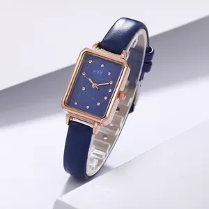 Elegant Rectangular Women Quartz Watch Alloy Case Faux Leather Strap Rhinestone Markers Rose Gold Fashion Analog Wristwatch