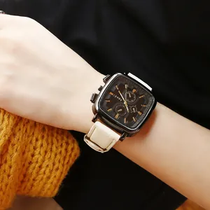 Chic square gold watch with black dial and creamy white leather strap for women