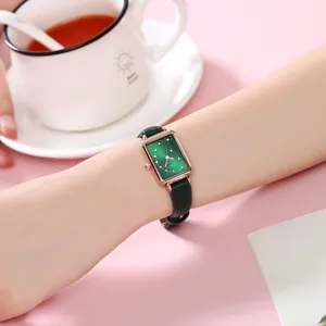 Elegant ladies quartz watch with rectangular green dial and rose gold case on leather strap