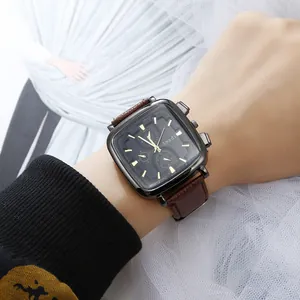 Minimalist square quartz watch for women with dark brown leather strap and grey metal case