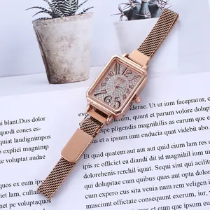 Luxury Women Rectangular Quartz Watch Rose Gold Rhinestone Starry Sky Dial Milanese Mesh Strap Fashion Casual Wristwatch