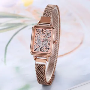 Elegant rose gold rectangular women's watch with rhinestone dial and Milanese mesh strap