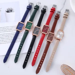 Flat lay of rectangular quartz watches with six colors of textured leather straps