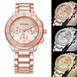 Detailed close-up of Geneva metal strap watches with rhinestone markers in three colors