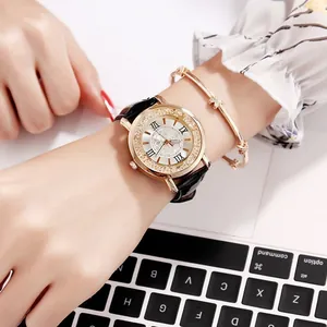 Elegant women's watch set with rose gold rhinestone case and black leather strap