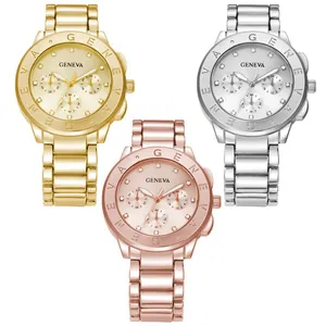 Fashion Geneva quartz watches for men and women with diamond dial and steel bands