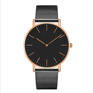 Detail of minimalist black mesh watch with rose gold case and matte circular dial