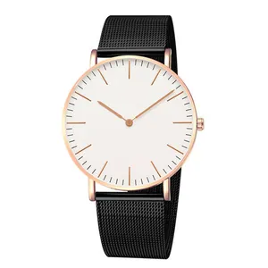 Minimalist quartz watch with rose gold case, white dial and black mesh band