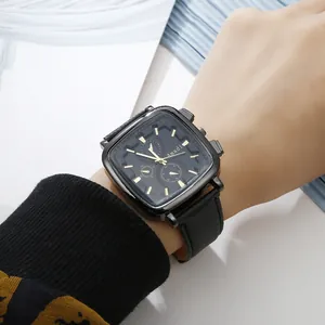 Mens fashion square watch with black leather strap and multi-dial gold hands detail