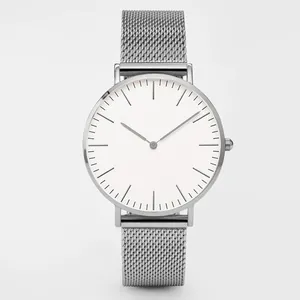 Detail of silver Milanese mesh strap and minimalist white dial on quartz watch