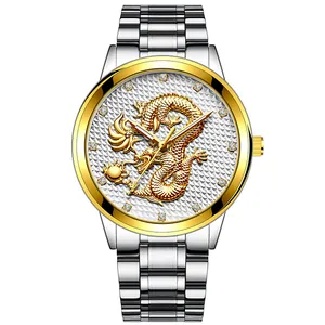 Men's business watch with embossed gold dragon, steel strap and crystal hour markers