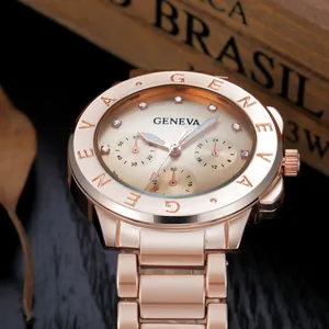 Macro detail of rose gold Geneva watch dial featuring rhinestone markers and steel strap