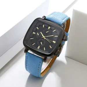 Fashionable square quartz watch with black dial and light blue leather strap for women