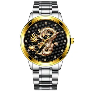 Men's business quartz watch with 3D gold dragon dial and two-tone steel bracelet