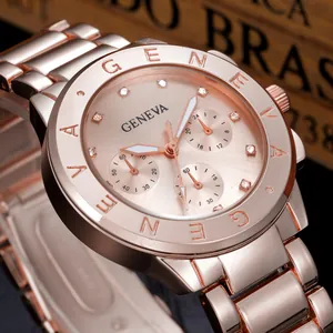 Detail of rose gold Geneva watch featuring rhinestone markers and three sub-dials