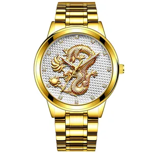 Gold stainless steel watch for men featuring an embossed dragon design and crystal markers
