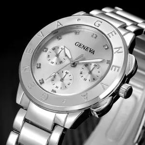 Silver stainless steel quartz watch with crystal indices and Geneva logo bezel