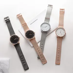 Minimalist quartz watches with stainless steel mesh straps in four metallic color options
