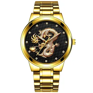 Macro detail of the golden dragon relief and diamond markers on the business watch face
