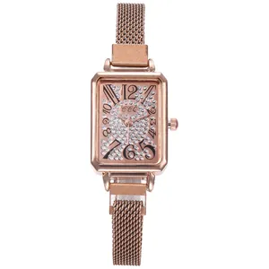 Elegant rose gold rectangular watch for women with sparkling crystal dial and mesh band