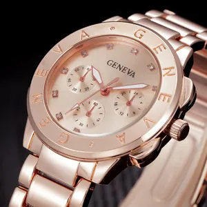 Elegant rose gold Geneva watch for women with crystal markers and metallic links