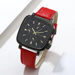Modern square dial quartz watch with red lychee leather strap and black metal casing