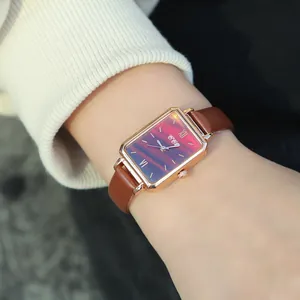 Vintage rectangle watch with rose gold case, gradient purple dial and brown leather strap