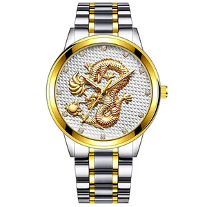 Detailed macro of men's watch featuring an embossed golden dragon and crystal hour markers