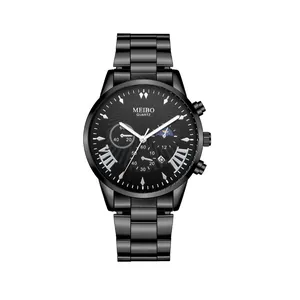 Schwarze Herren-Quarzuhr mit Edelstahlarmband und multifunktionalem Chronographen-Zifferblatt