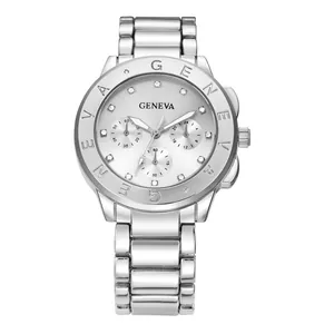 Detailed macro view of Geneva quartz watch with rhinestone markers and silver steel strap