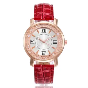 Women's quartz watch with rose gold diamond bezel and red crocodile texture leather strap