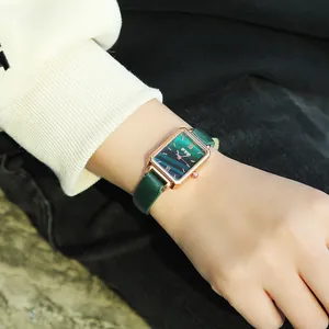 Women's vintage quartz watch with green marble dial and rose gold rectangular case