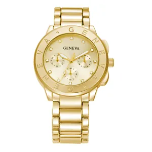 Golden Geneva steel watch for men with triple sub-dial design and crystal hour markers