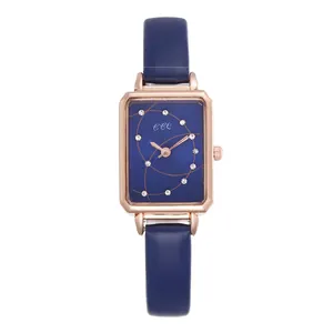 Elegant ladies quartz watch with rectangular rose gold case and navy leather strap