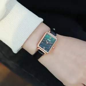 Elegant rectangular quartz watch with green malachite dial and rose gold metal case