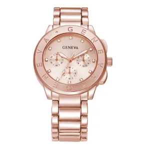 Close-up of rose gold Geneva watch featuring crystal indices and detailed metal links