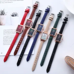 Elegant retro rectangular women's quartz watch set with thin leather straps in seven colors