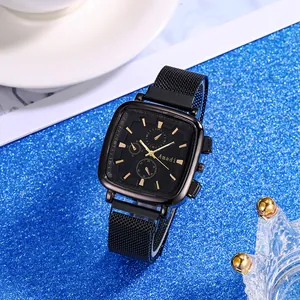 Elegant women's square quartz watch with black mesh strap and triple dial design
