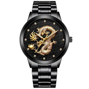 Close-up of golden dragon relief on black dial with crystal indices and metal band