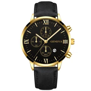 Detailweergave van een herenhorloge met gouden kast, zwarte wijzerplaat en Romeinse cijfers