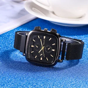 Classic square quartz watch with black Milanese mesh band and gold hour markers