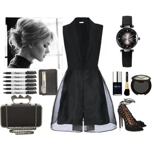 Flat lay of a black minimalist watch paired with a sleeveless dress and chic accessories