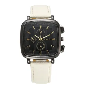 Fashionable square quartz watch with black dial and white leather strap for women